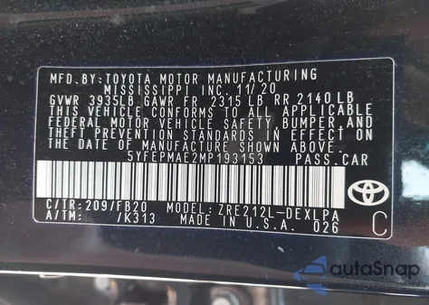 2021 Toyota Corolla Le from USA, damaged, VIN 5YFEPMAE2MP193153